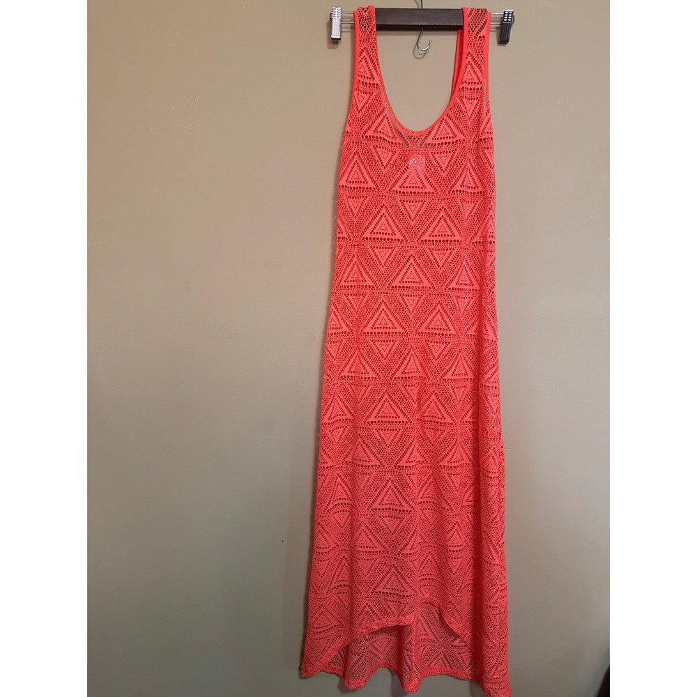 Womens Neon Coral Pink Geometric net High-Low Maxi Size SBeach cover‎ up vaca